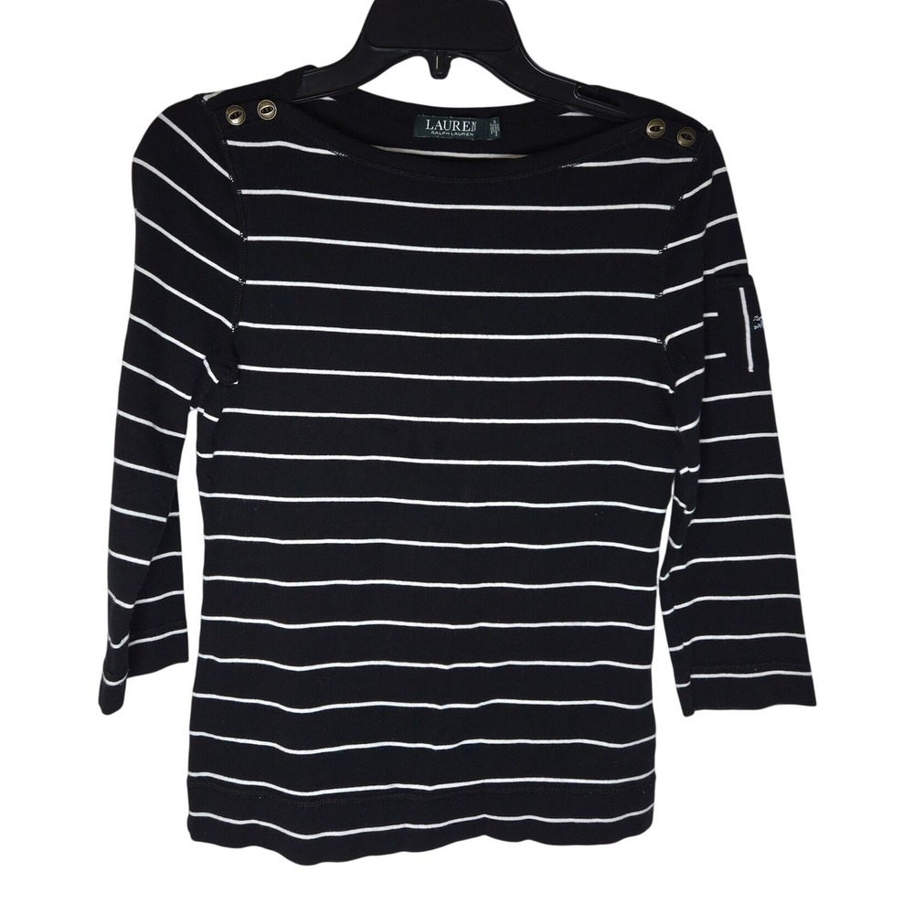 Lauren Ralph Lauren Women Striped Boat Neck 3/4 Sleeve Top Buttons Casual Size M